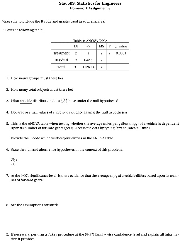 Stat 509: Statistics for Engineers
Homework Assignment 8
Make sure to include the R code and graphs used in your analyses.
Fill out the following table:
Table 1: ANOVA Table
Df SS MS F p value
Treatment 2 ? ? ? 0.0003
Residual ? 642.8 ?
Total 31 1126.04 ?
1. How many groups must there be?
2. How many total subjects must there be?
3. What specific distribution does (MST)/(MSE) have under the null hypothesis?
4. Do large or small values of F provide evidence against the null hypothesis?
5. This is the ANOVA table when testing whether the average miles per gallon (mpg) of a vehicle is dependent
upon its number of forward gears (gear). Access the data by typing "attach(mtcars)" into R.
Provide the R code which verifies your entries in the ANOVA rable.
6. State the null and alternative hypotheses in the context of this problem.
H0:
Ha:
7. At the 0.001 significance level, is there evidence that the average mpg of a vehicle differs based upon its num-
ber of forward gears?
8. Are the assumptions satisfied?
9. If necessary, perform a Tukey procedure at the 99.9% family-wise confidence level and explain all informa-
tion it provides.