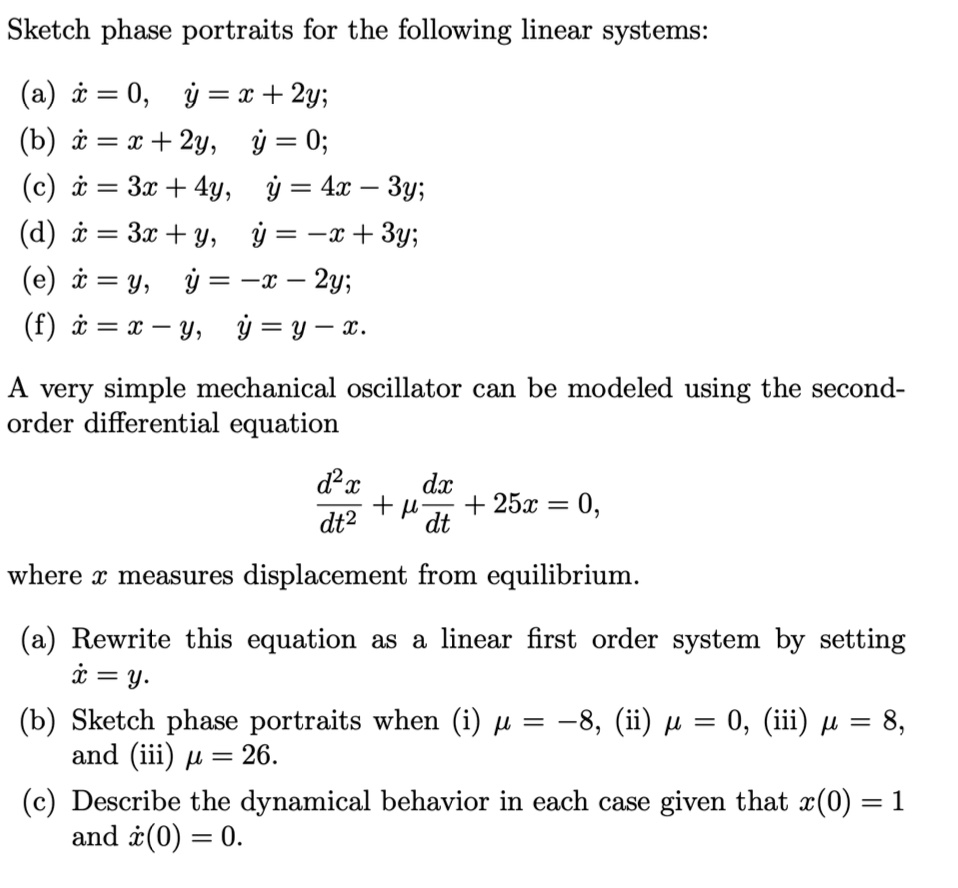 SOLVED: Sketch phase portraits for the following linear systems: (a ...