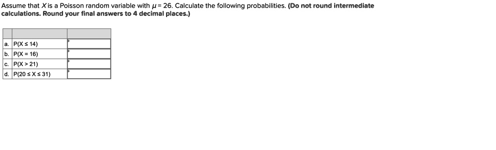 Assume that X is a Poisson random variable with ? = 26. Calculate the following probabilities. (Do not round intermediate calculations. Round your final answers to 4 decimal places.)

a. P(X ? 14)
b. P(X = 16)
c. P(X > 21)
d. P(20 ? X ? 31)