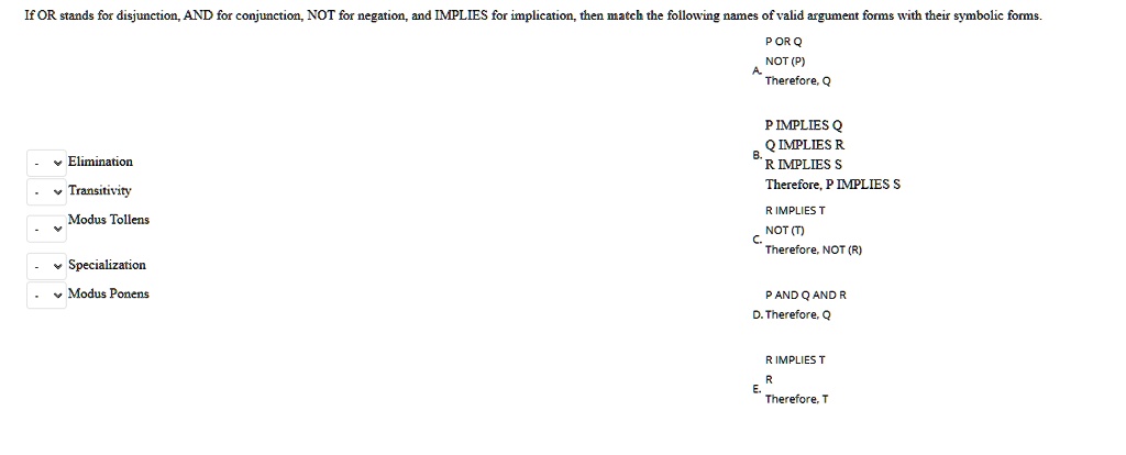 Solved If Or Stands For Disjunctionand For Conjunction Not For Negation And Implies For Implication Then Match The Following Names Of Valid Argument Fonns With Their Symbolic Fons Orq Not P Tnerefore