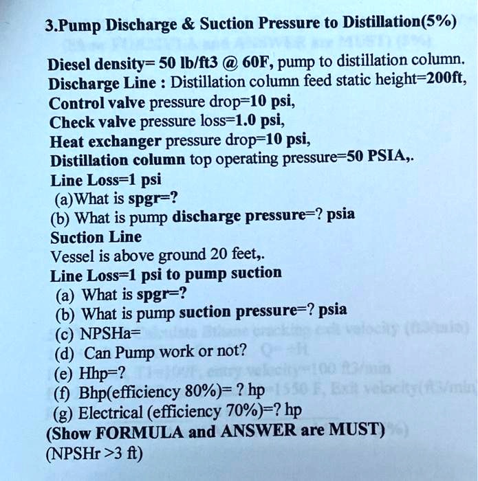 SOLVED 3 Pump Discharge Suction Pressure to Distillation (5) Diesel