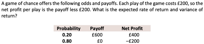 A game of chance offers the following odds and payoffs. Each play of the game costs £200, so the net profit per play is the payoff less £200. What is the expected rate of return and variance of return?

Probability	Payoff	Net Profit
0.20	£600	£400
0.80	£0	-£200