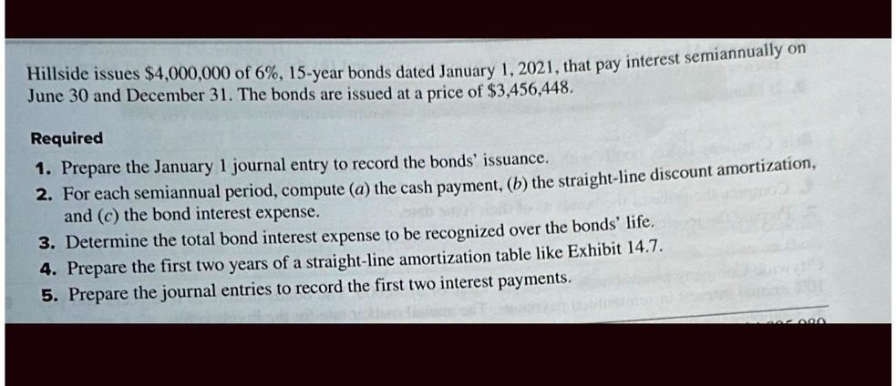 SOLVED: Hillside issues 4,000,000 of 6%, 15-year bonds dated January 1 ...