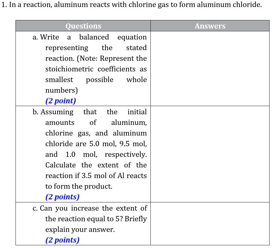 SOLVED 1. In a reaction, aluminum reacts with chlorine gas to form