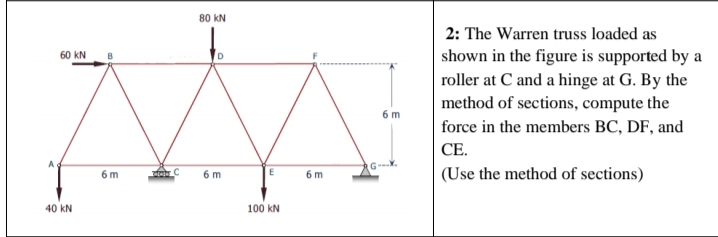 2: The Warren truss loaded as shown in the figure is supported by a roller at C and a hinge at G. By the method of sections, compute the force in the members BC, DF, and CE.
(Use the method of sections)