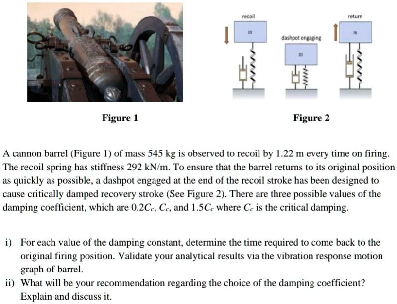 recoil
return
dashpot engaging
Figure 1
Figure 2
A cannon barrel (Figure 1) of mass 545 kg is observed to recoil by 1.22 m every time on firing. The recoil spring has stiffness 292 kN/m. To ensure that the barrel returns to its original position as quickly as possible, a dashpot engaged at the end of the recoil stroke has been designed to cause critically damped recovery stroke (See Figure 2). There are three possible values of the damping coefficient, which are 0.2Cc, Cc, and 1.5Cc where Cc is the critical damping.
i) For each value of the damping constant, determine the time required to come back to the original firing position. Validate your analytical results via the vibration response motion graph of barrel.
ii) What will be your recommendation regarding the choice of the damping coefficient? Explain and discuss it.