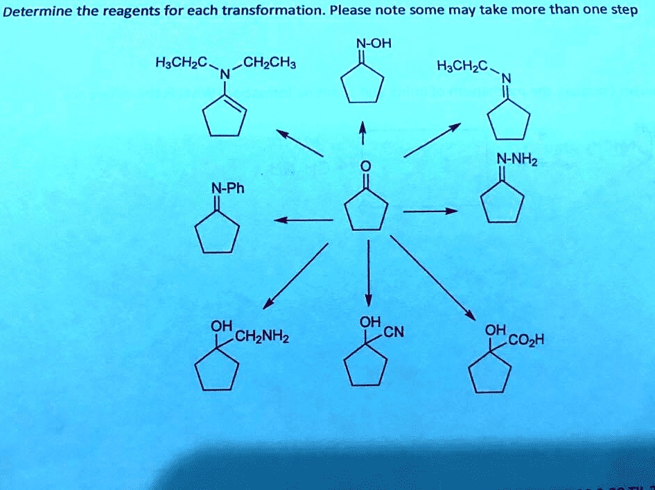 Determine the reagents for each transformation. Please note some may take more than one step
H3CH2C-N-CH2CH3
N-OH
H3CH2C-N
N-Ph
N-NH2
OH CH2NH2
OH CN
OH CO2H