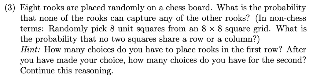 You are given an 8×8 chessboard. If two distinct squares are chosen  uniformly at random What is the probability that two rooks placed on these  squares attack each other? - Quora