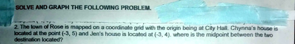 SOLVE AND GRAPH THE FOLLOWING PROBLEM.
2. The town of Rose is mapped on a coordinate grid with the origin being at City Hall. Chynna's house is
located at the point (-3, 5) and Jen's house is located at (-3, 4). where is the midpoint between the two
destination located?