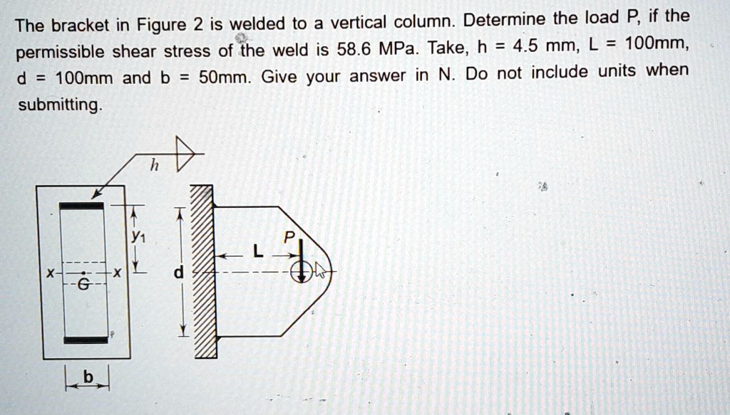 the bracket in figure 2 is welded to a vertical column determine the load p if the permissible shear stress of the weld is 586 mpa take h 45 mm l 100mm d 100mm and b 50mm give your answer in 57011