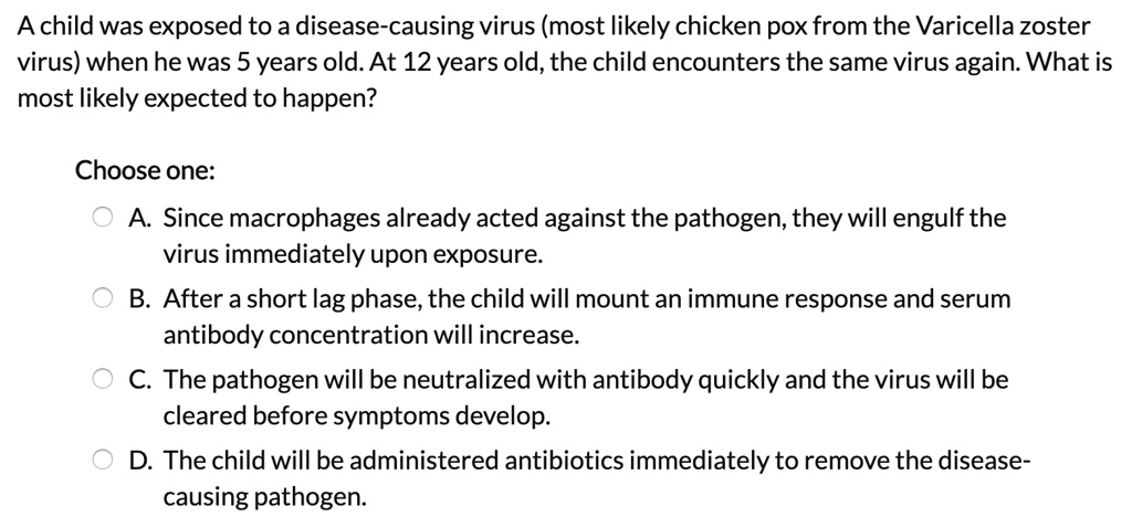 A child was exposed to a disease-causing virus (most likely chicken pox from the Varicella zoster virus) when he was 5 years old. At 12 years old, the child encounters the same virus again. What is most likely expected to happen?

Choose one:
A. Since macrophages already acted against the pathogen, they will engulf the virus immediately upon exposure.
B. After a short lag phase, the child will mount an immune response and serum antibody concentration will increase.
C. The pathogen will be neutralized with antibody quickly and the virus will be cleared before symptoms develop.
D. The child will be administered antibiotics immediately to remove the disease-causing pathogen.