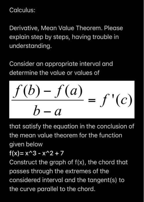 SOLVED: Calculus: Derivative, Mean Value Theorem. Please explain step ...