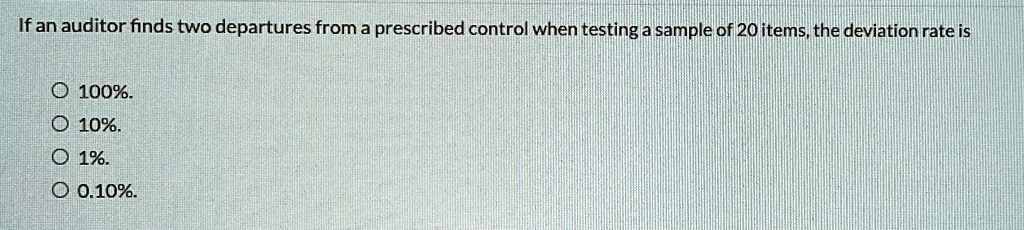 if an auditor finds two departures from a prescribed control when testing a sample of 20 items the deviation rate is 100 10 1 010 94536