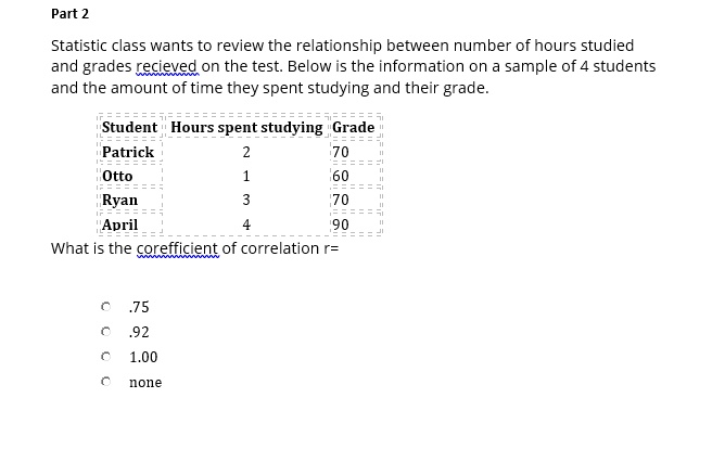 Statistic class wants to review the relationship between number of hours studied and grades recieved on the test. Below is the information on a sample of 4 students and the amount of time they spent studying and their grade.

Student Hours spent studying Grade
Patrick 2 70
Otto 1 60
Ryan 3 70
April 4 90

What is the corefficient of correlation r=

.75
.92
1.00
none
