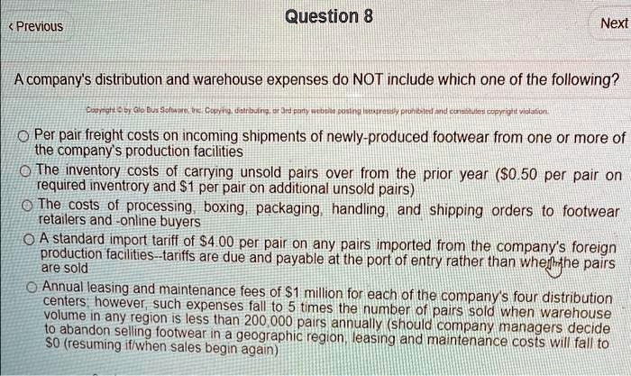A Company's Distribution And Warehouse Expenses SOLVED: Question 8