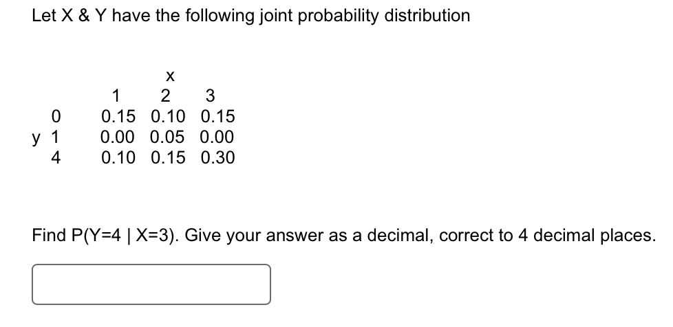 Let X     Y have the following joint probability distribution

      x
   1    2    3
0 0.15 0.10 0.15
y 1 0.00 0.05 0.00
4 0.10 0.15 0.30

Find P(Y=4 | X=3). Give your answer as a decimal, correct to 4 decimal places.
