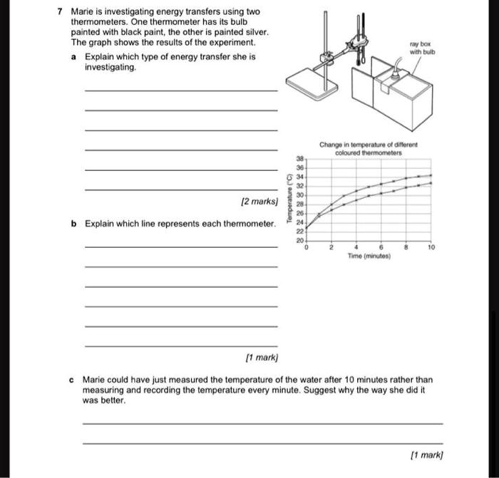 Marie is investigating energy transfers using two thermometers. One