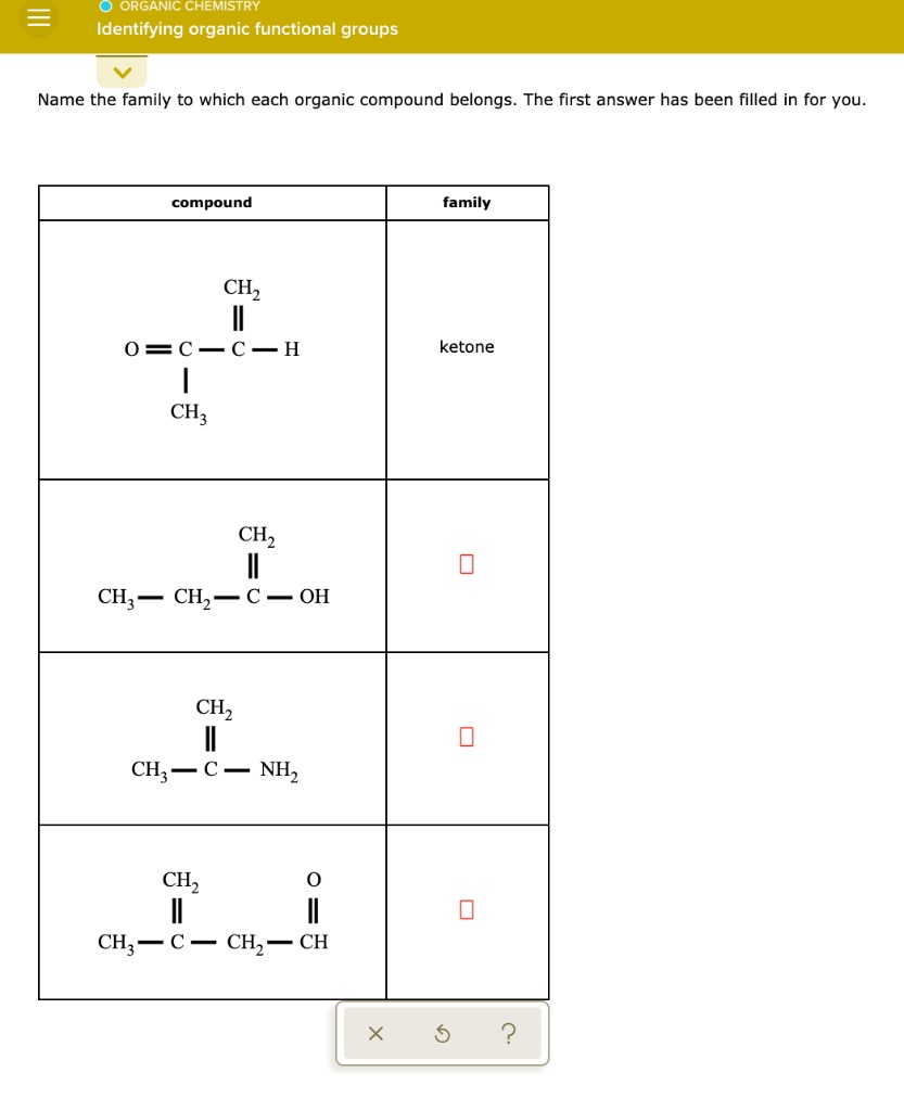 SOLVED: Organic Chemistry Identifying organic functional groups Name ...