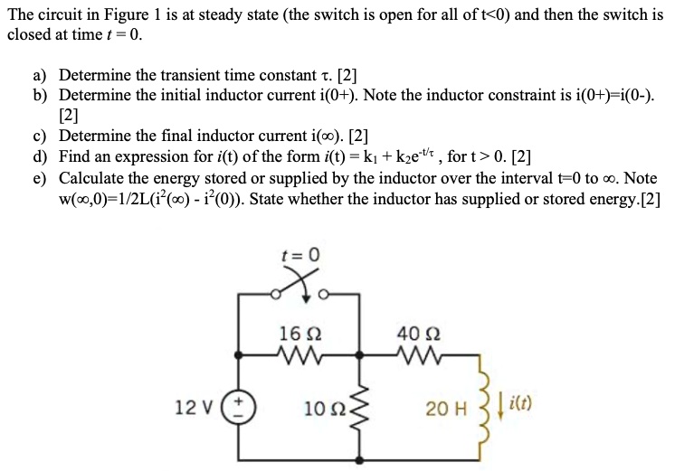 The circuit in Figure 1 is at steady state (the switch is open for all of t<0) and then the switch is
closed at time t = 0.
a) Determine the transient time constant au. [2]
b) Determine the initial inductor current i(0+). Note the inductor constraint is i(0+)=i(0-).
[2]
c) Determine the final inductor current i(infty). [2]
d) Find an expression for i(t) of the form i(t) = k1 + k2e^-t/	au, for t>0. [2]
e) Calculate the energy stored or supplied by the inductor over the interval t=0 to infty. Note
w(infty,0)=1/2L(i^2(infty) - i^2(0)). State whether the inductor has supplied or stored energy.[2]