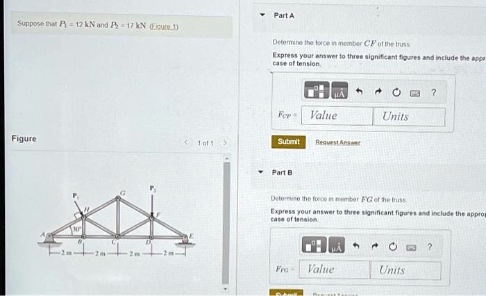 Texts: Suppose that P1 = 12 kN and P2 = 17 kN. Determine the force in ...