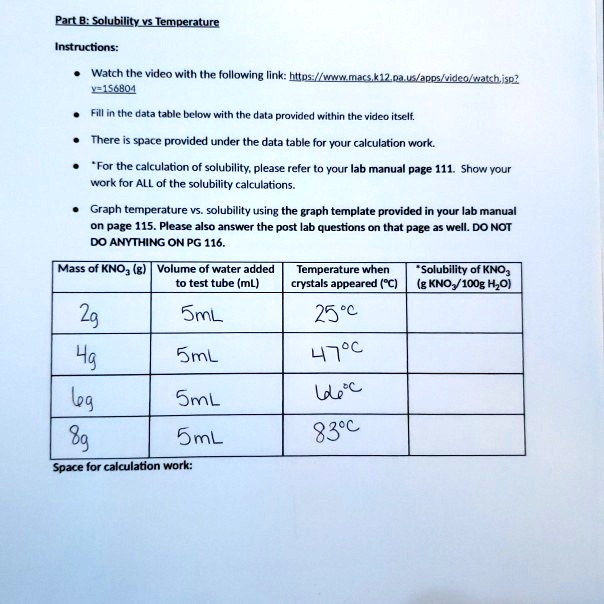 SOLVEDPart B; Solubility vs Iempenature Instructions Watch the video