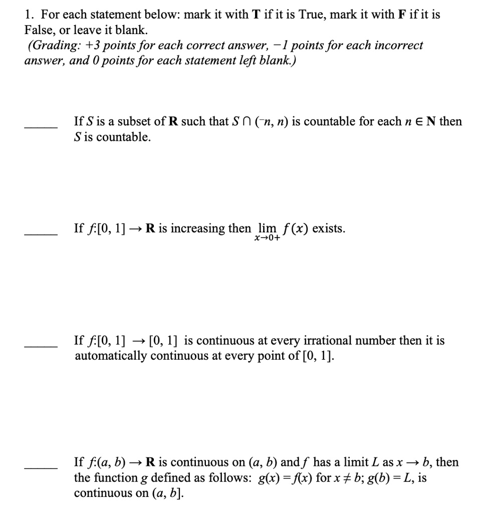 Solved 1 For Each Statement Below Mark It With T If It Is True Mark It With F Ifit Is False Or Leave It Blank Grading 3 Points For Each Correct Answer