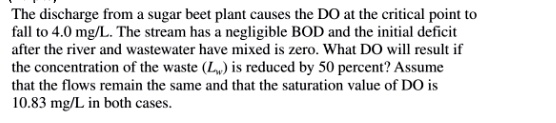 The discharge from a sugar beet plant causes the DO at the critical ...