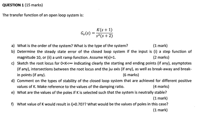 Solved: Question 1 (15 Marks) The Transfer Function Of An Open-loop 