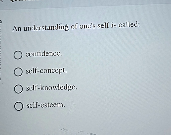 An understanding of one's self is called:
confidence.
self-concept.
self-knowledge.
self-esteem.