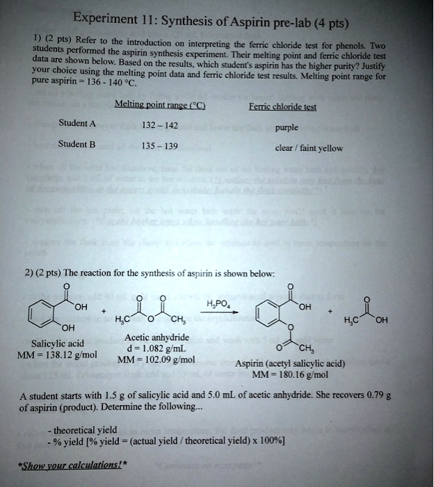 Experiment 1 Synthesis of Aspirin prelab (4 pts) 1) (2 pts) Refer to
