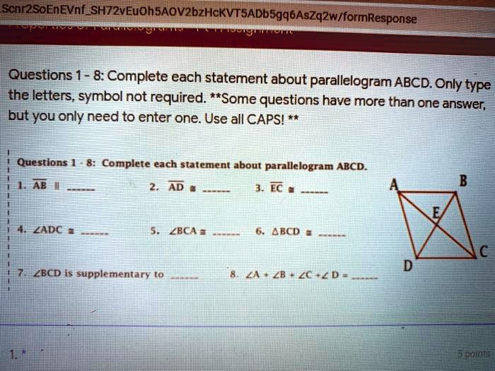 scnmsoenevnf shzzveuohsaovzbzhckvtsadbsgq6asz42wformresponse questions 1 8 complete each statement about parallelogram abcd only type the letters symbol not required some questions have more 28884