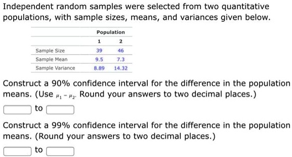 Independent random samples were selected from two quantitative populations, with sample sizes, means, and variances given below.

Population
1 2
Sample Size 39 46
Sample Mean 9.5 7.3
Sample Variance 8.89 14.32

Construct a 90% confidence interval for the difference in the population means. (Use ?1 - ?2. Round your answers to two decimal places.)
to
Construct a 99% confidence interval for the difference in the population means. (Round your answers to two decimal places.)
to