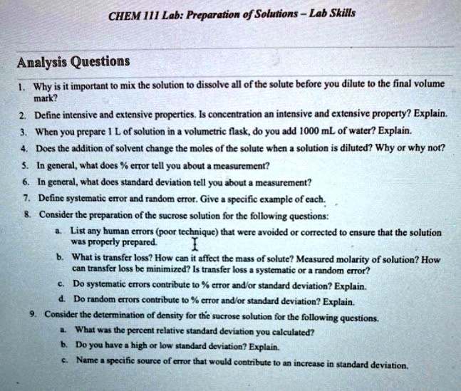 SOLVED CHEM III Lab Preparation of Solutions Lab Skills Analysis