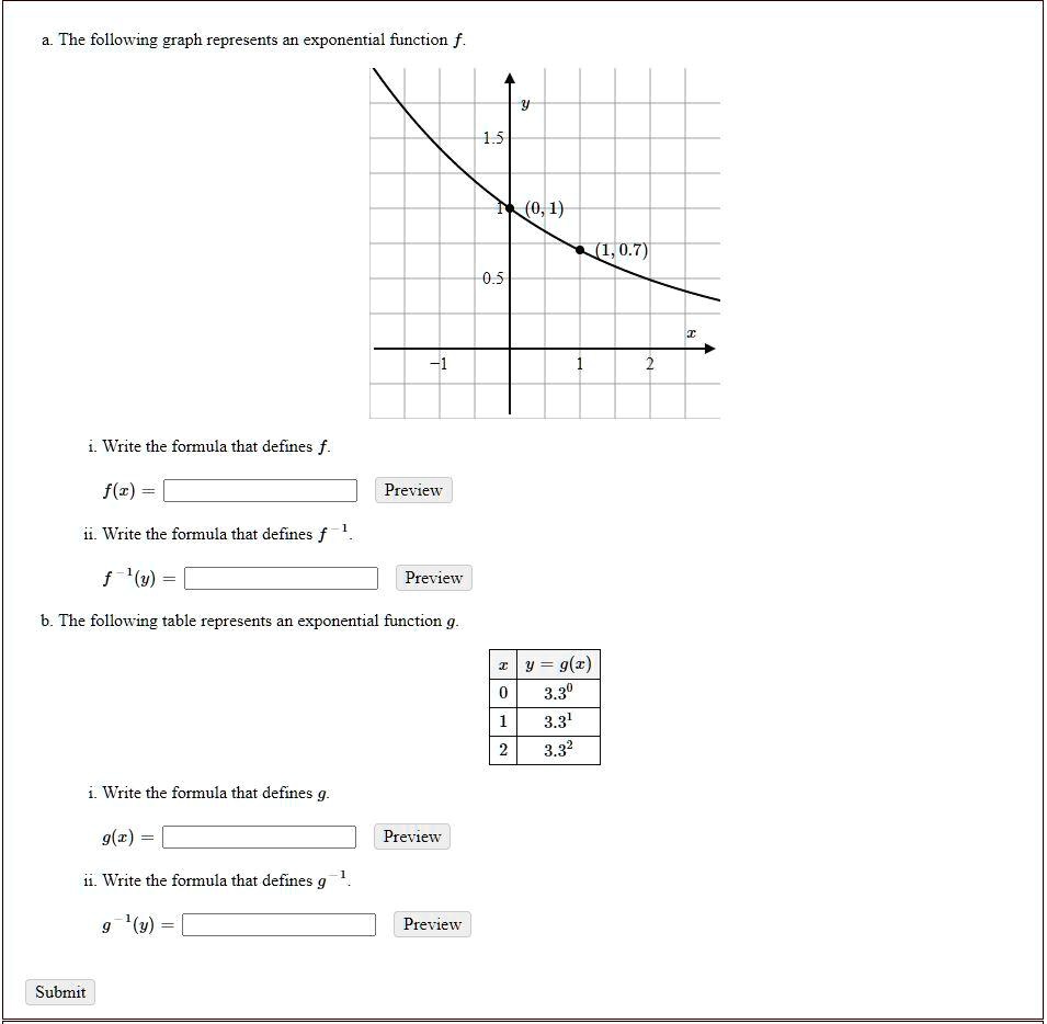 SOLVED: The following graph represents an exponential function f. (0,1)  Write the formula that defines f f(z) Preview ii. Write the formula that  defines f '(y) Preview The following table represents an