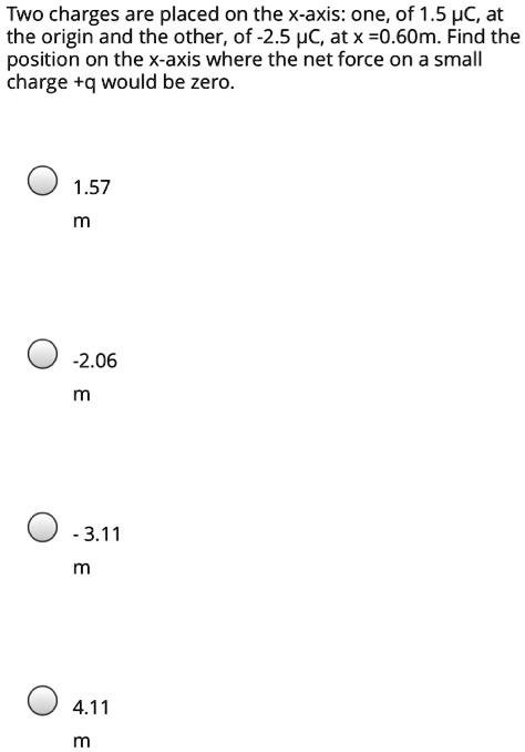 Two charges are placed on the x-axis: one, of 1.5 µC, at the origin and the other, of -2.5 µC, at x =0.60m. Find the position on the x-axis where the net force on a small charge +q would be zero.
1.57
m
-2.06
m
- 3.11
m
4.11
m