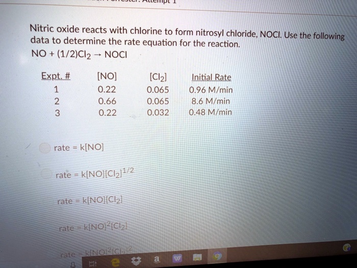 Nitric oxide reacts with chlorine to form nitrosyl chloride NOCl. Use the data to determine the