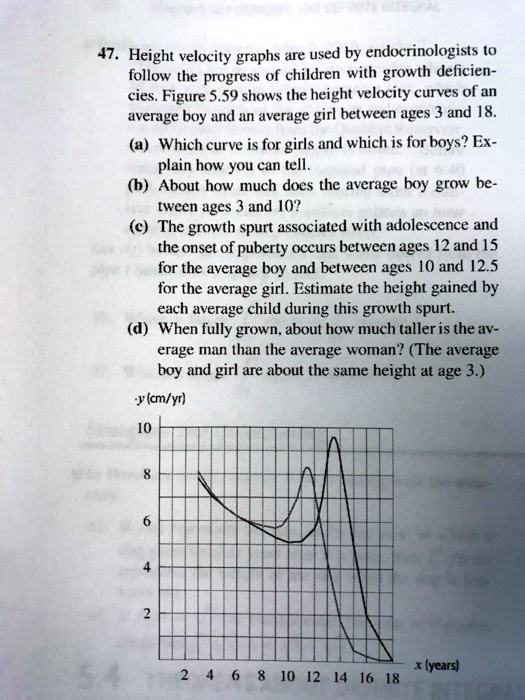 47. Height velocity graphs are used by endocrinologists to follow the progress of children with growth deficiencies. Figure 5.59 shows the height velocity curves of an average boy and an average girl between ages 3 and 18.
(a) Which curve is for girls and which is for boys? Explain how you can tell.
(b) About how much does the average boy grow between ages 3 and 10?
(c) The growth spurt associated with adolescence and the onset of puberty occurs between ages 12 and 15 for the average boy and between ages 10 and 12.5 for the average girl. Estimate the height gained by each average child during this growth spurt.
(d) When fully grown, about how much taller is the average man than the average woman? (The average boy and girl are about the same height at age 3.)
y (cm/yr)
10
8
6
4
2
2 4 6 8 10 12 14 16 18 x (years)