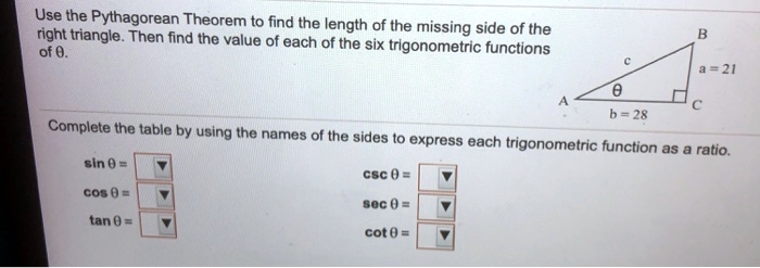Use the Pythagorean Theorem to find the length of the missing side of the right triangle. Then find the value of each of the six trigonometric functions of ?.

B
c
a = 21
?
A
C
b = 28

Complete the table by using the names of the sides to express each trigonometric function as a ratio.

sin ? =
csc ? =
cos ? =
sec ? =
tan ? =
cot ? =