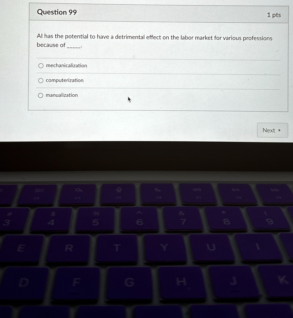 Question 99
1 pts
Al has the potential to have a detrimental effect on the labor market for various professions
because of 
? mechanization
? computerization
? manualization