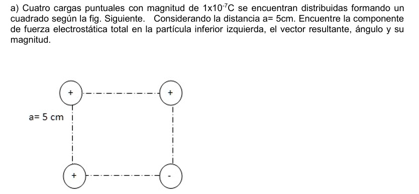 a cuatro cargas puntuales con magnitud de 1 times 10 7c se encuentran distribuidas formando un cuadrado segun la fig siguiente considerando la distancia a 5cm encuentre la componente de fuer 20195