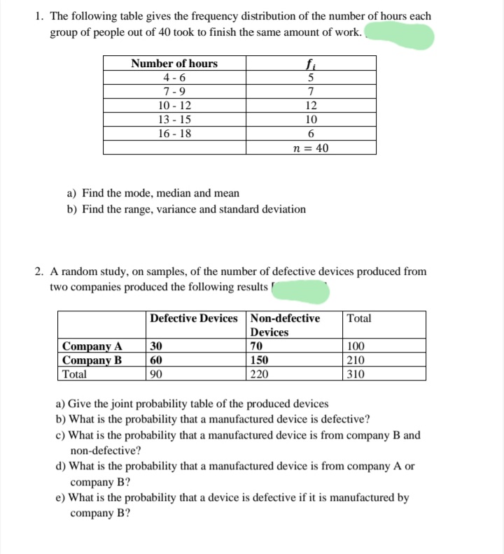 1. The following table gives the frequency distribution of the number of hours each group of people out of 40 took to finish the same amount of work.

Number of hours     fi 

4-6     5 

7-9     7 

10-12     12 

13-15     10 

16-18     6 

    n=40 


a) Find the mode, median and mean
b) Find the range, variance and standard deviation
2. A random study, on samples, of the number of defective devices produced from two companies produced the following results

    Defective Devices      
Non-defective 

Devices
     Total 

Company A     3 0     7 0     100 

Company B     6 0     1 5 0     210 

Total     90     220     310 


a) Give the joint probability table of the produced devices
b) What is the probability that a manufactured device is defective?
c) What is the probability that a manufactured device is from company B and non-defective?
d) What is the probability that a manufactured device is from company A or company B ?
e) What is the probability that a device is defective if it is manufactured by company B?