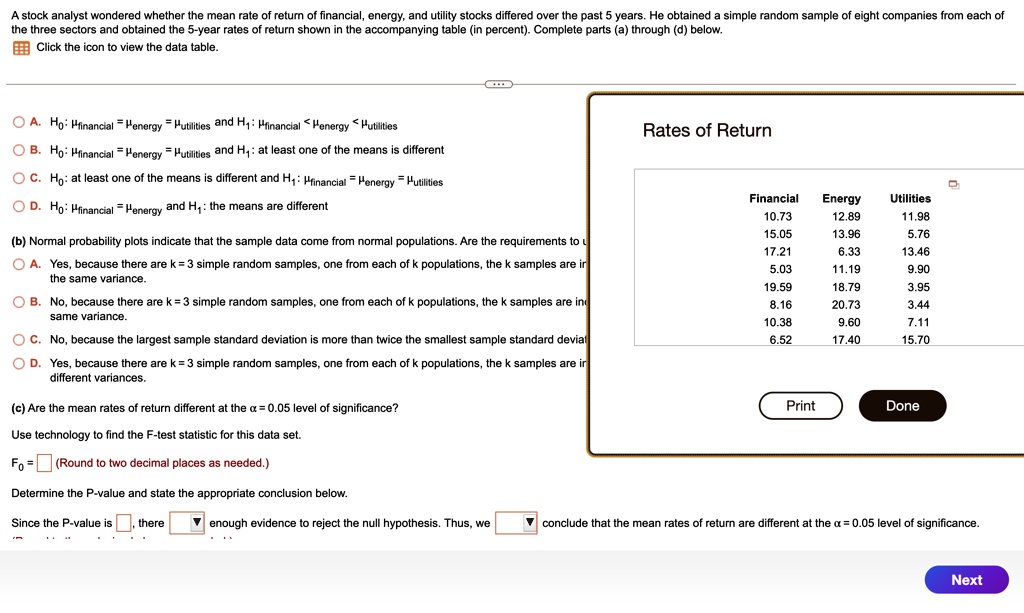 A stock analyst wondered whether the mean rate of return of financial, energy, and utility stocks differed over the past 5 years. He obtained a simple random sample of eight companies from each of
the three sectors and obtained the 5-year rates of return shown in the accompanying table (in percent). Complete parts (a) through (d) below.
Click the icon to view the data table.
A. H0: μfinancial = μenergy = μutilities and H1: μfinancial < μenergy < μutilities
B. H0: μfinancial = μenergy = μutilities and H1: at least one of the means is different
Rates of Return
C. H0: at least one of the means is different and H1: μfinancial = μenergy = μutilities
D. H0: μfinancial = μenergy and H1: the means are different
Financial	Energy	Utilities
10.73	12.89	11.98
15.05	13.96	5.76
17.21	6.33	13.46
5.03	11.19	9.90
19.59	18.79	3.95
8.16	20.73	3.44
10.38	9.60	7.11
6.52	17.40	15.70
(b) Normal probability plots indicate that the sample data come from normal populations. Are the requirements to u
A. Yes, because there are k = 3 simple random samples, one from each of k populations, the k samples are ir
the same variance.
B. No, because there are k = 3 simple random samples, one from each of k populations, the k samples are ind
same variance.
C. No, because the largest sample standard deviation is more than twice the smallest sample standard deviat
D. Yes, because there are k = 3 simple random samples, one from each of k populations, the k samples are in
different variances.
(c) Are the mean rates of return different at the α = 0.05 level of significance?
Use technology to find the F-test statistic for this data set.
F0 = 	(Round to two decimal places as needed.)
Determine the P-value and state the appropriate conclusion below.
Since the P-value is, there	enough evidence to reject the null hypothesis. Thus, we	conclude that the mean rates of return are different at the α = 0.05 level of significance.
Print	Done
Next