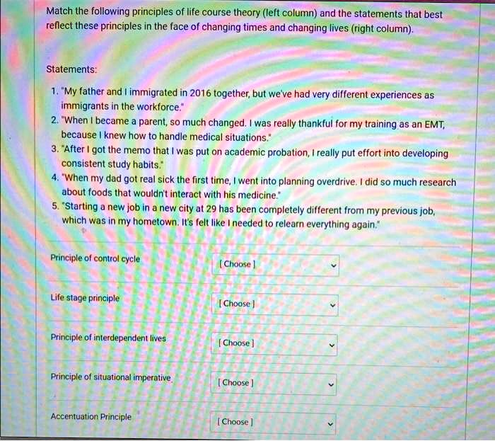 Match the following principles of life course theory (left column) and the statements that best reflect these principles in the face of changing times and changing lives (right column).

Statements:

1. "My father and I immigrated in 2016 together, but we've had very different experiences as immigrants in the workforce."
2. "When I became a parent, so much changed. I was really thankful for my training as an EMT, because I knew how to handle medical situations."
3. "After I got the memo that I was put on academic probation, I really put effort into developing consistent study habits."
4. "When my dad got real sick the first time, I went into planning overdrive. I did so much research about foods that wouldn't interact with his medicine."
5. "Starting a new job in a new city at 29 has been completely different from my previous job, which was in my hometown. It's felt like I needed to relearn everything again."

Principle of control cycle [ Choose ]
Life stage principle [ Choose ]
Principle of interdependent lives [ Choose ]
Principle of situational imperative [ Choose ]
Accentuation Principle [ Choose ]