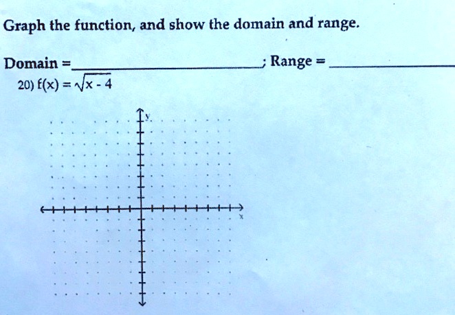 Graph the function, and show the domain and range.
Domain = 
20) f(x) = √(x) - 4
Range =