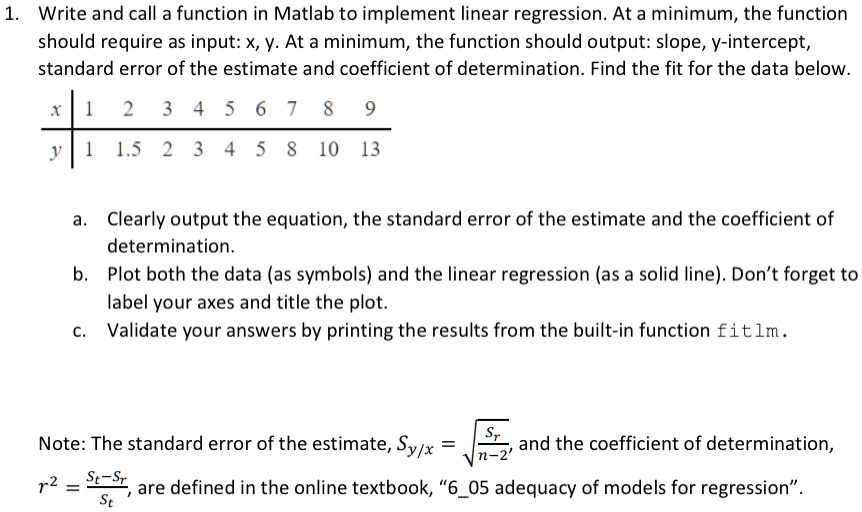 write and call a function in matlab to implement linear regression at a minimum the function should require as input xy at a minimum the function should output slope y intercept standard err 43283