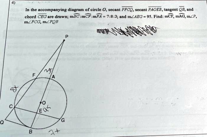 In the accompanying diagram of circle O, secant PFCQ, secant PAOEB, tangent QB, and chord CEG are drawn; mBG:mCF:mFA = 7:8:3; and m?AEG = 95. Find: mCF, mAG, m?P, m?FCG, m?FQB