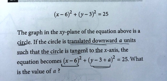 Solved X 6 2 Y 3 2 25 The Graph In The Xy Plane Of The Equation Above Is A Circle Ifthe Circle Is Translated Downward Units Such That The Circle Is Tangent To The X Axis