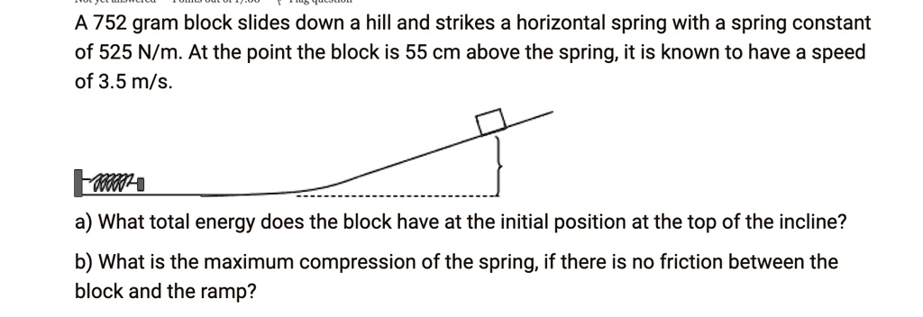 a 752 gram block slides down a hill and strikes a horizontal spring ...
