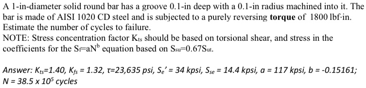 A 1-in-diameter solid round bar has a groove 0.1-in deep with a 0.1-in ...