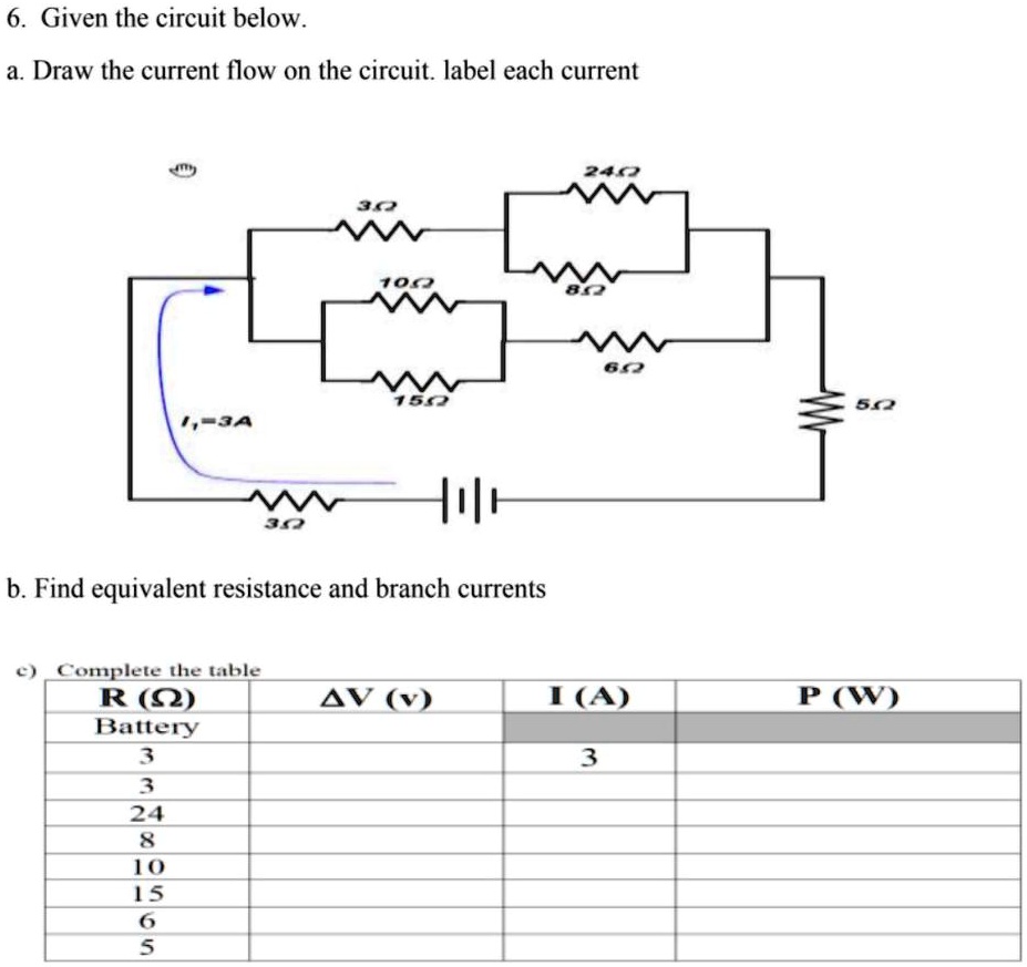6. Given the circuit below.
a. Draw the current flow on the circuit. label each current
3?
24?
8?
10?
15?
6?
5?
I1=3A
3?
b. Find equivalent resistance and branch currents
c) Complete the table
R (?) | ?V (v) | I (A) | P (W)
Battery
3 | | 3
3
24
8
10
15
6
5